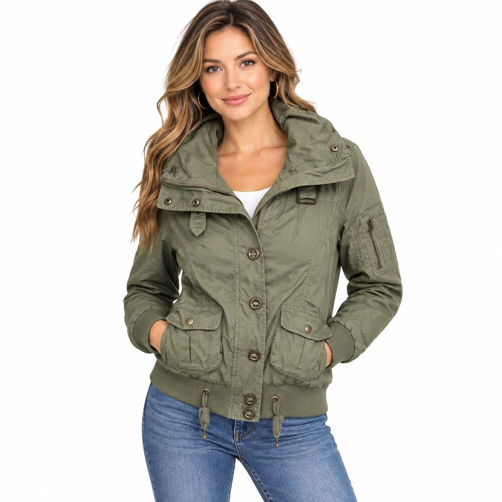 CoffeeShop New York Women's S Olive Green Utility Jacket Hooded Cargo Military